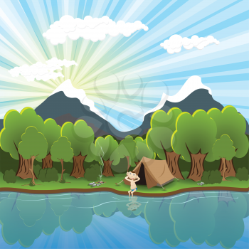 Royalty Free Clipart Image of a Tourist by a River