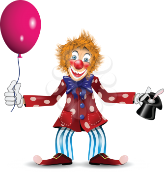 Royalty Free Clipart Image of a Clown With a Balloon and a Rabbit in a Hat