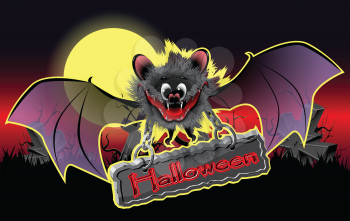 Royalty Free Clipart Image of a Bat Holding a Halloween Sign
