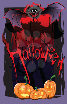 Royalty Free Clipart Image of Pumpkins and a Bat on a Halloween Background