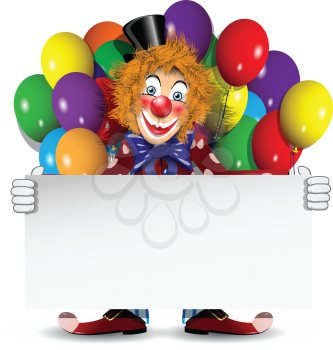 Royalty Free Clipart Image of a Clown With Balloons and a Banner
