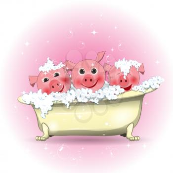 Stock Illustration Three Merry Pigs in the Bathroom