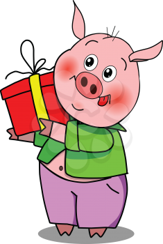Stock Illustration Merry Pig with Gift on a White Background