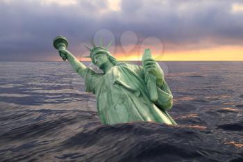 Statue of Liberty sinks in the ocean in the sunset