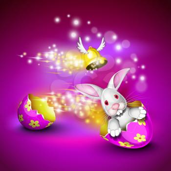 Funny bunny driving a decorated egg shell over a pruple background
