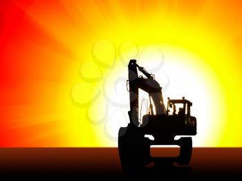 Construction background. Excavator silhouette with setting sun behind.