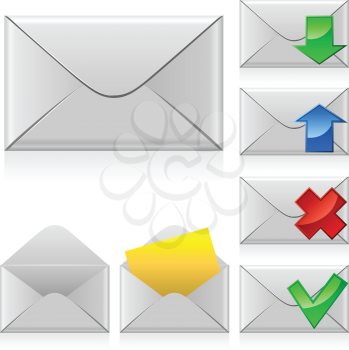 Mail vector icons. Closed and opened envelope with different signs.