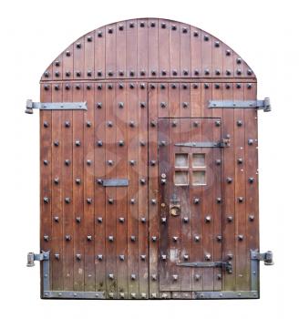 Front view of old medieval wooden castle gates isolated on white background.