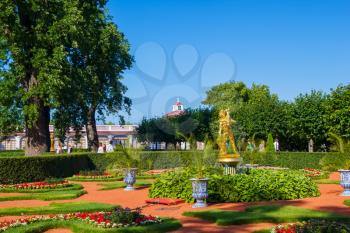 SAINT-PETERSBURG, RUSSIA - JULY 27: Peterhof palace lower park lawn on July 27, 2013 in Saint-Petersburg, Russia. Peterhof Palace park is one of the most remarkable in Europe laid out on the order of 