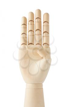 Royalty Free Photo of a Wooden Dummy Showing Four Fingers Up