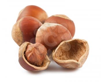 Royalty Free Photo of Full and Cracked Open Hazelnuts