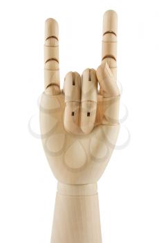 Royalty Free Photo of a Wooden Dummy Hand Displaying Devil Horns