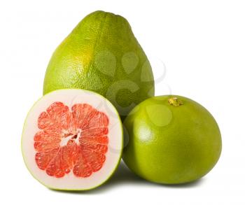 Royalty Free Photo of Two Whole and One Half of Pomelo Fruits