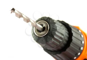 Cordless drill with twist bit closeup isolated on white