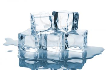 Five ice cubes with reflection isolated on white background