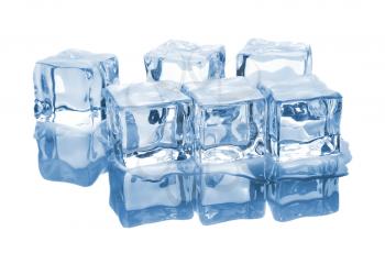 Six ice cubes with water isolated on white background