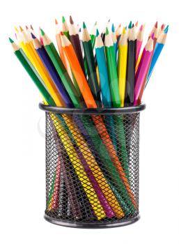 Various color pencils in metal container isolated on white background