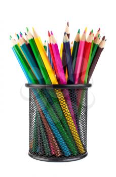 Various color pencils in black office cup isolated on white background