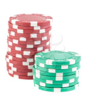 Two stacks of poker chips isolated on white background