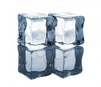 Pair of blue ice cubes with reflection isolated on a white background