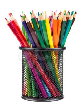 Set of color pencils in a basket isolated on white background
