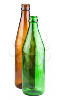Two empty green and brown beer bottles isolated on white background