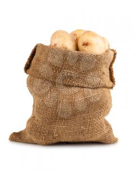 Ripe potato in burlap sack isolated on white background