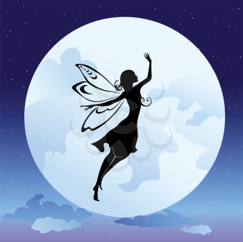 Royalty Free Clipart Image of a Fairy Flying by the Moon