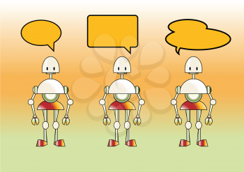 Royalty Free Clipart Image of Robots With Speech Bubbles