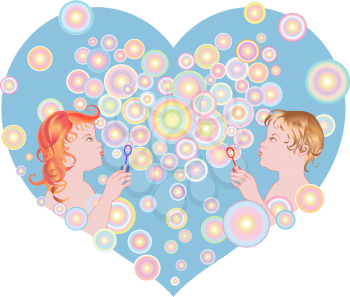 Royalty Free Clipart Image of a Boy and Girl Blowing Bubbles