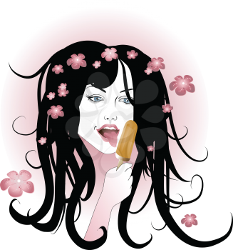Royalty Free Clipart Image of a Woman Eating Ice Cream