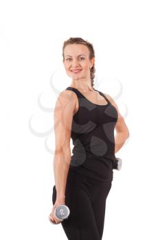 Athletic young woman with dumbbells isolated on white

