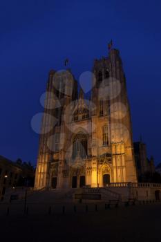 St. Michael and Gudula Cathedral, Brussels, Belgium illuminated at night
