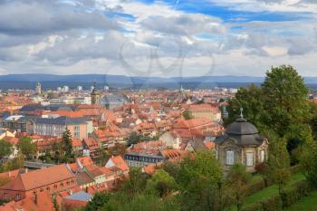 Bamberg cityscape, cloudy top view roofs, Germany
