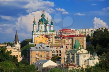 Saint Andrew church and old buildings on the hill in Kyiv, Ukraine
