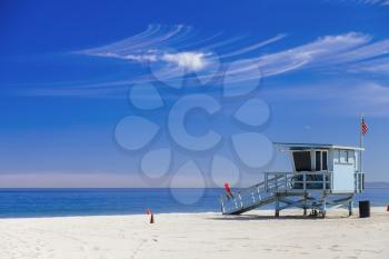 Lifeguard station with american flag on Hermosa beach, instagram toning, California, USA
