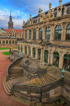 Stairs top view  at Zwinger palace and Residenzschloss (city hall) on the back in Dresden, Germany
