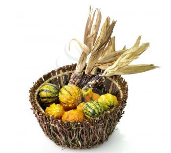 Royalty Free Photo of a Basket of Squash and Indian Corn