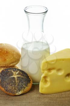 Dairy products - milk , cheese and bread rolls