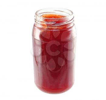 a jar of strawberry jelly on white background
