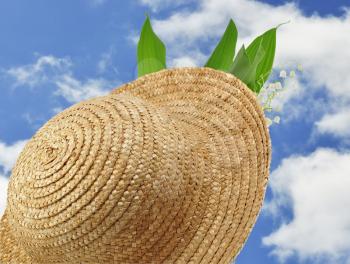 a straw hat against a blue sky