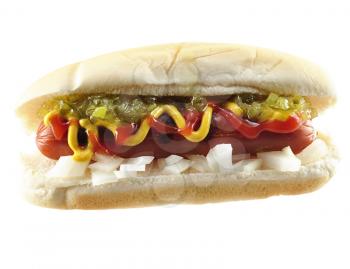 a hot dog , close up on white background