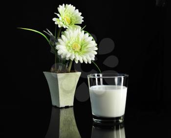 a glass of milk and flowers on black  background