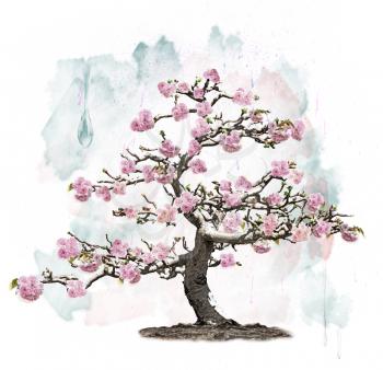 Watercolor Image Of Pink Blossoming Tree