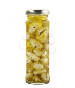 Glass Jar Of Garlic With Olive Oil Isolated On White Background
