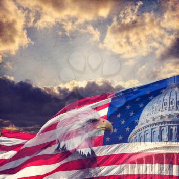 The United States Capitol, American Flag and Bald Eagle with aged,grunge effect.