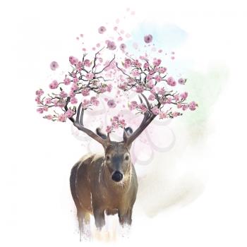 Deer portrait with flowering branches on the horns.Watercolor painting