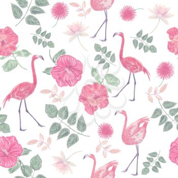 Seamless floral pattern with flamingo birds. Endless texture for your design.