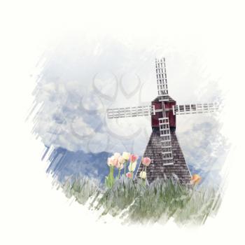 Digital Painting of windmill and tulips