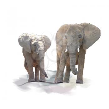 Digital Painting of  Mother and Baby Elephants 